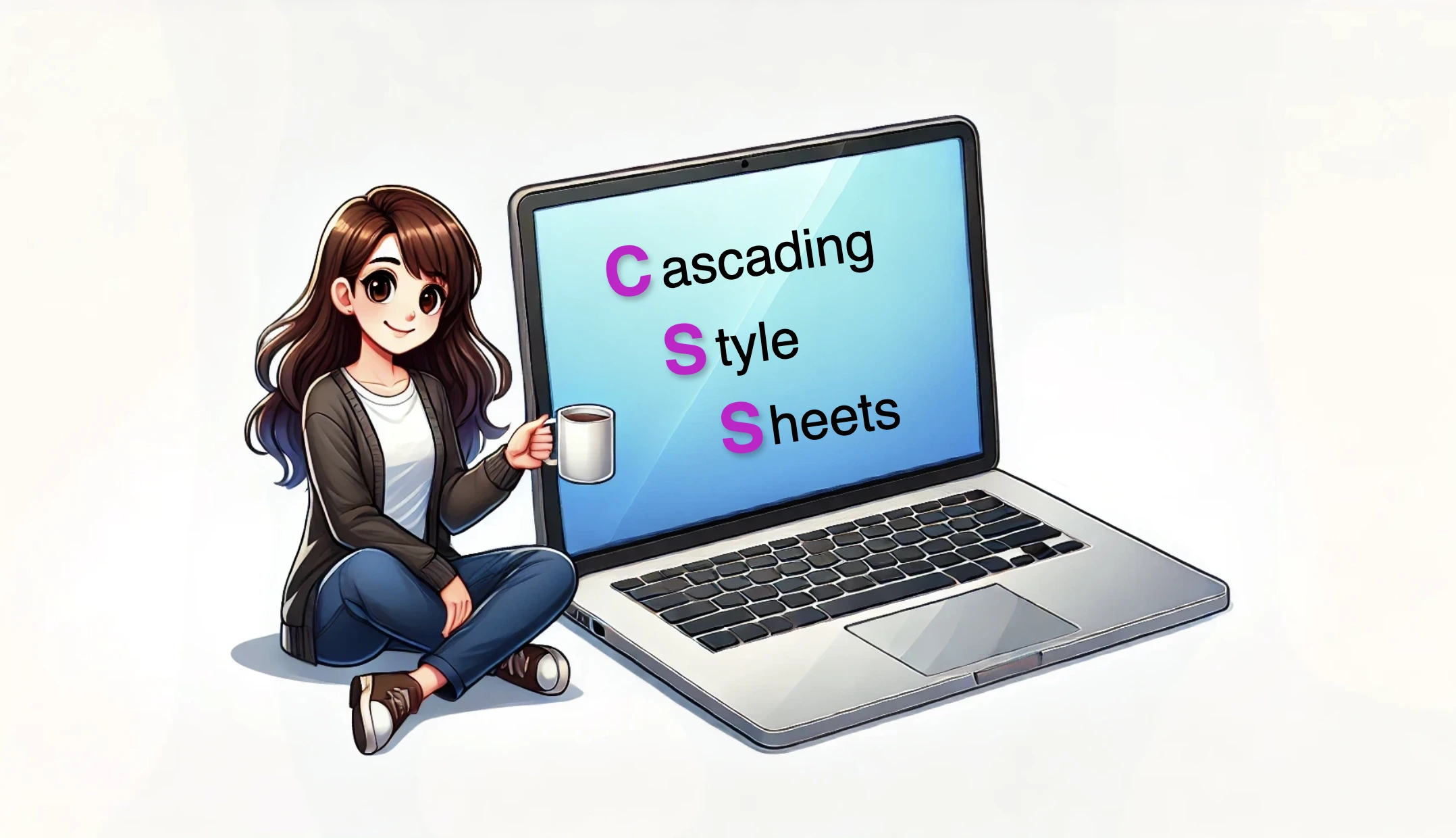 A girl siiting next to a huge screen that has the "Cascading Style Sheet" written on